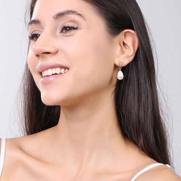 14k Gold Plated Pearl Earrings Lightweight Dangle Hoop Jewelry for Women - Picture 2 of 7